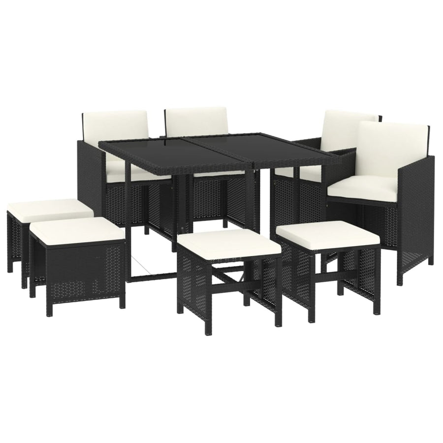 9-Delige Tuinset Met Kussens Poly Rattan Zwart En Wit 109 cm tafellengte 4x Fauteuil + 4x voetensteun + Tafel