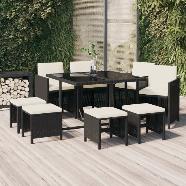 9-Delige Tuinset Met Kussens Poly Rattan Zwart En Wit 109 cm tafellengte 4x Fauteuil + 4x voetensteun + Tafel