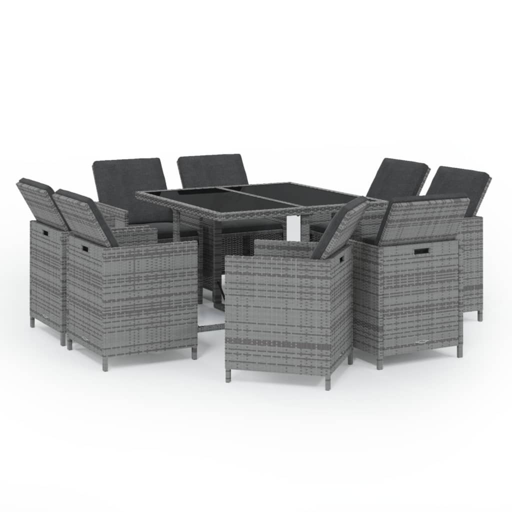 9-Delige Tuinset Met Kussens Poly Rattan Grijs 109 cm tafellengte 8x Fauteuil + Tafel