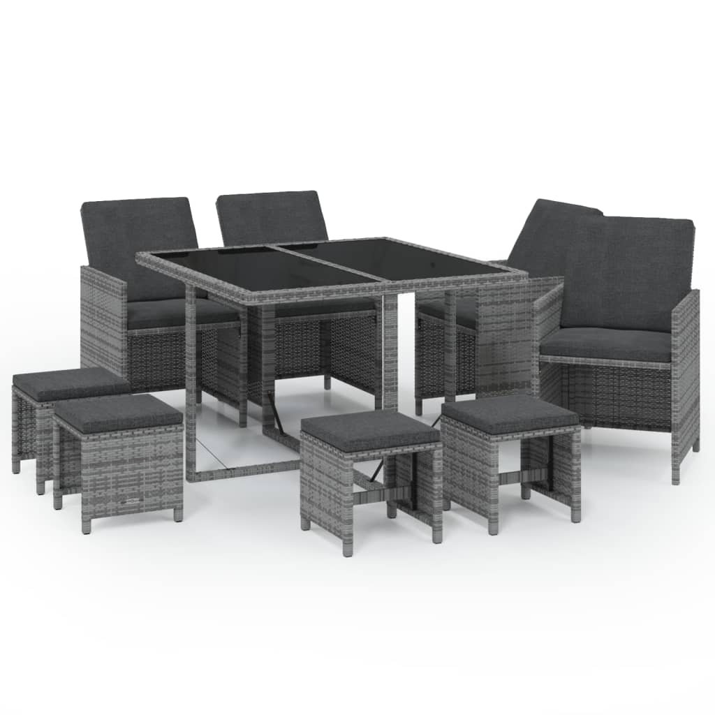 9-Delige Tuinset Met Kussens Poly Rattan Grijs 109 cm tafellengte 4x Fauteuil + 4x voetensteun + Tafel