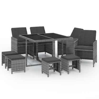 9-Delige Tuinset Met Kussens Poly Rattan Grijs 109 cm tafellengte 4x Fauteuil + 4x voetensteun + Tafel