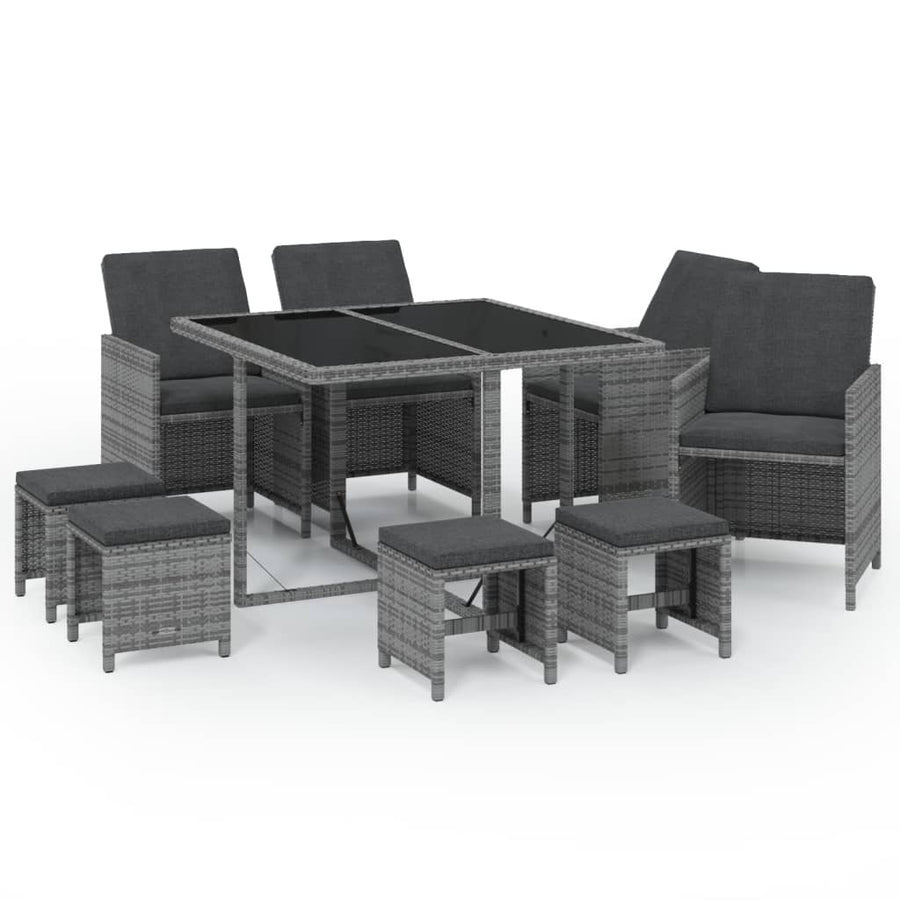 9-Delige Tuinset Met Kussens Poly Rattan Grijs 109 cm tafellengte 4x Fauteuil + 4x voetensteun + Tafel