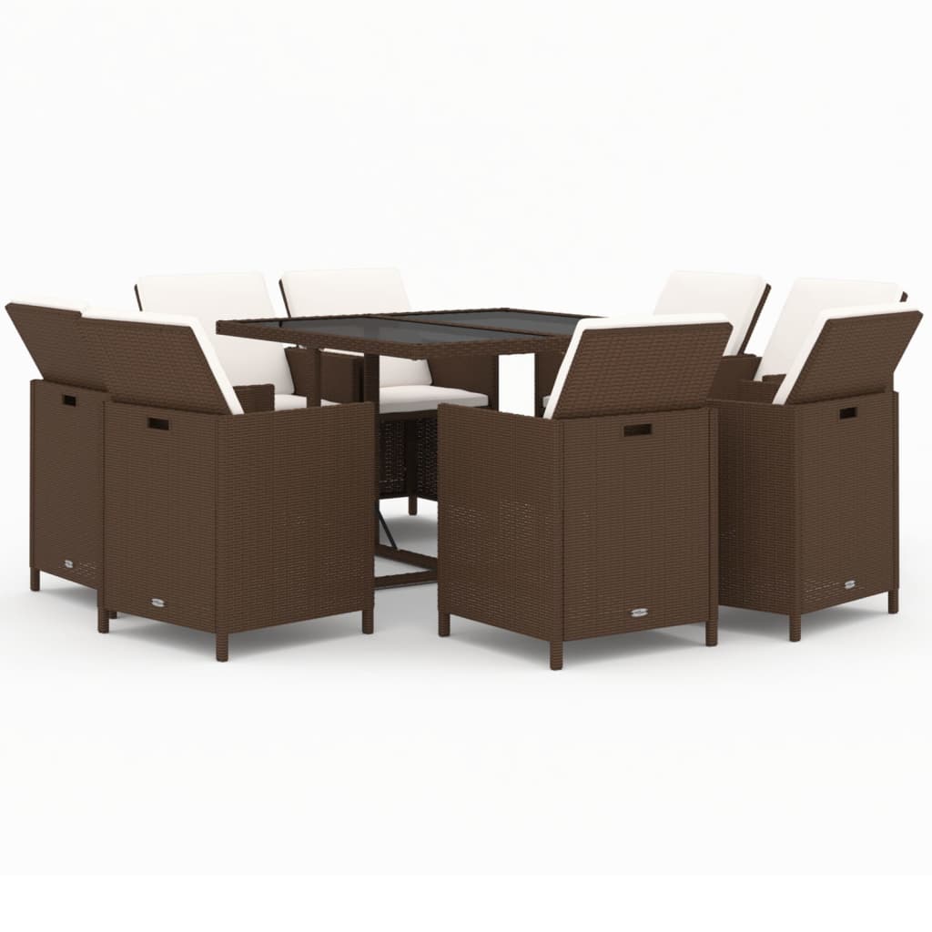 9-Delige Tuinset Met Kussens Poly Rattan Bruin 109 cm tafellengte 8x Fauteuil + Tafel