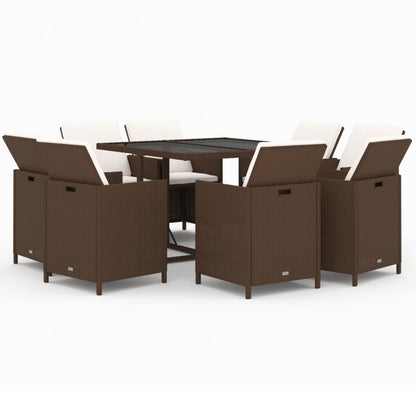 9-Delige Tuinset Met Kussens Poly Rattan Bruin 109 cm tafellengte 8x Fauteuil + Tafel