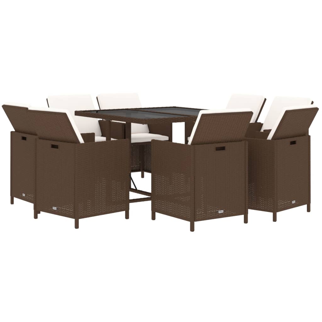 9-Delige Tuinset Met Kussens Poly Rattan Bruin 109 cm tafellengte 8x Fauteuil + Tafel