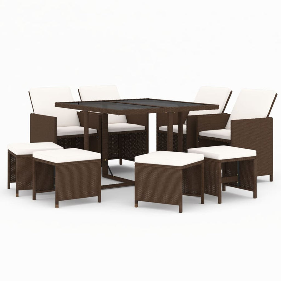 9-Delige Tuinset Met Kussens Poly Rattan Bruin 109 cm tafellengte 4x Fauteuil + 4x voetensteun + Tafel