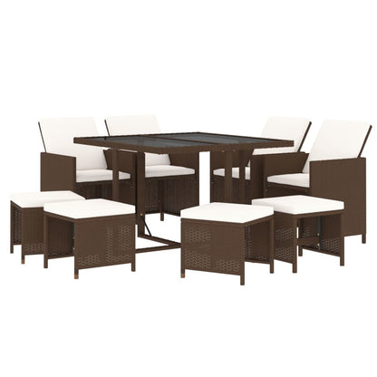 9-Delige Tuinset Met Kussens Poly Rattan Bruin 109 cm tafellengte 4x Fauteuil + 4x voetensteun + Tafel