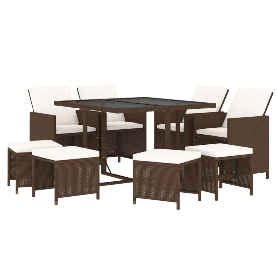 9-Delige Tuinset Met Kussens Poly Rattan Bruin 109 cm tafellengte 4x Fauteuil + 4x voetensteun + Tafel