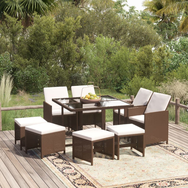 9-Delige Tuinset Met Kussens Poly Rattan Bruin 109 cm tafellengte 4x Fauteuil + 4x voetensteun + Tafel