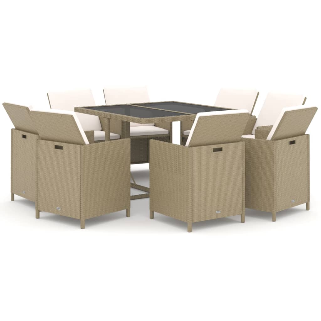 9-Delige Tuinset Met Kussens Poly Rattan Beige 109 cm tafellengte 8x Fauteuil + Tafel