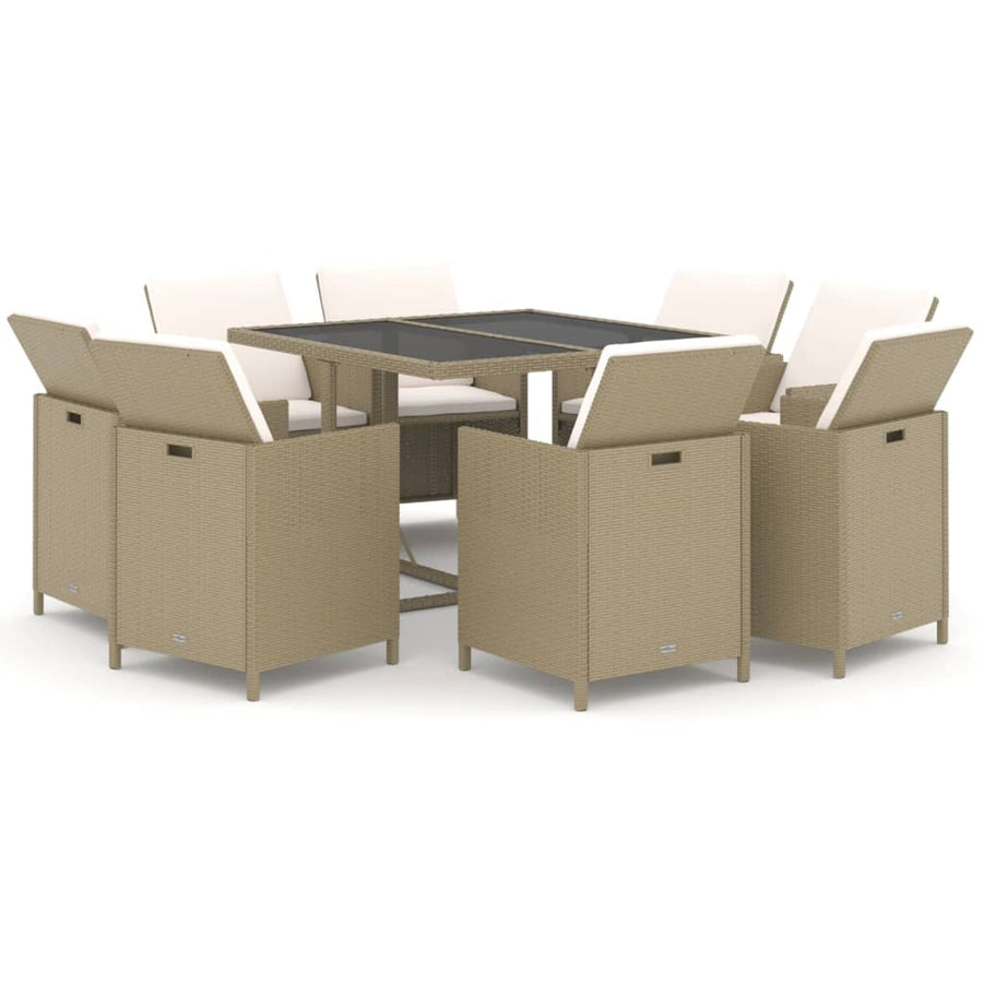 9-Delige Tuinset Met Kussens Poly Rattan Beige 109 cm tafellengte 8x Fauteuil + Tafel