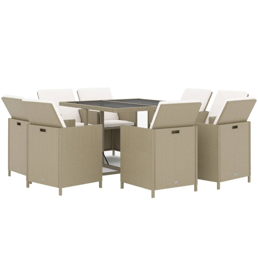 9-Delige Tuinset Met Kussens Poly Rattan Beige 109 cm tafellengte 8x Fauteuil + Tafel
