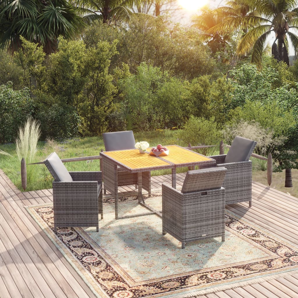 5-Delige Tuinset Met Kussens Poly Rattan Grijs Grijs en bruin 109 cm tafellengte 4x Fauteuil + Tafel