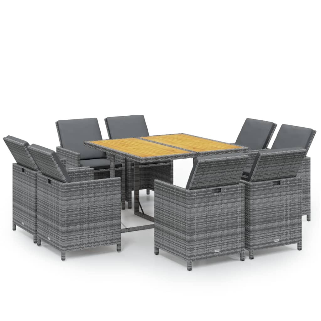 9-Delige Tuinset Met Kussens Poly Rattan Grijs Grijs en bruin 109 cm tafellengte 8x Fauteuil + Tafel