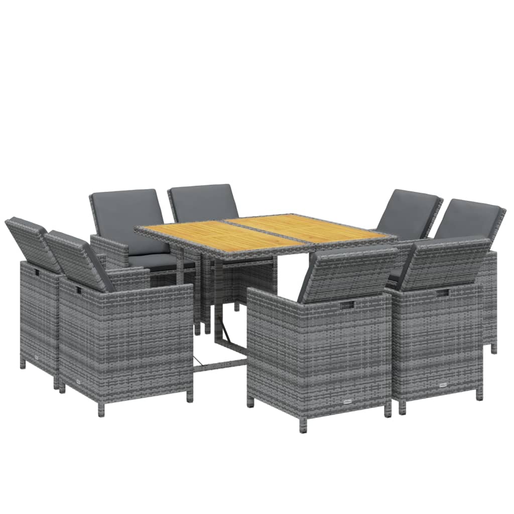 9-Delige Tuinset Met Kussens Poly Rattan Grijs Grijs en bruin 109 cm tafellengte 8x Fauteuil + Tafel