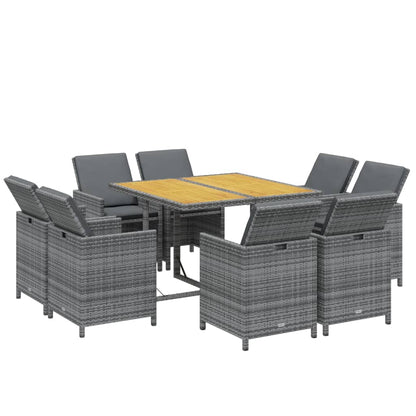 9-Delige Tuinset Met Kussens Poly Rattan Grijs Grijs en bruin 109 cm tafellengte 8x Fauteuil + Tafel
