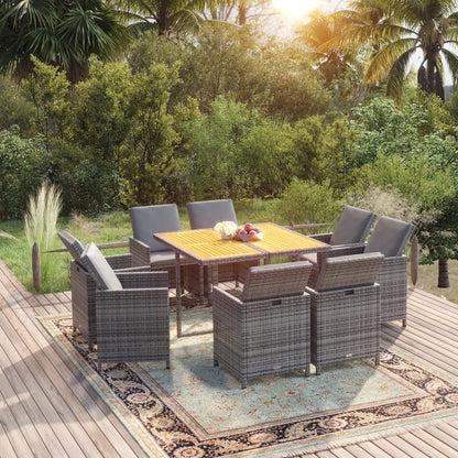 9-Delige Tuinset Met Kussens Poly Rattan Grijs Grijs en bruin 109 cm tafellengte 8x Fauteuil + Tafel
