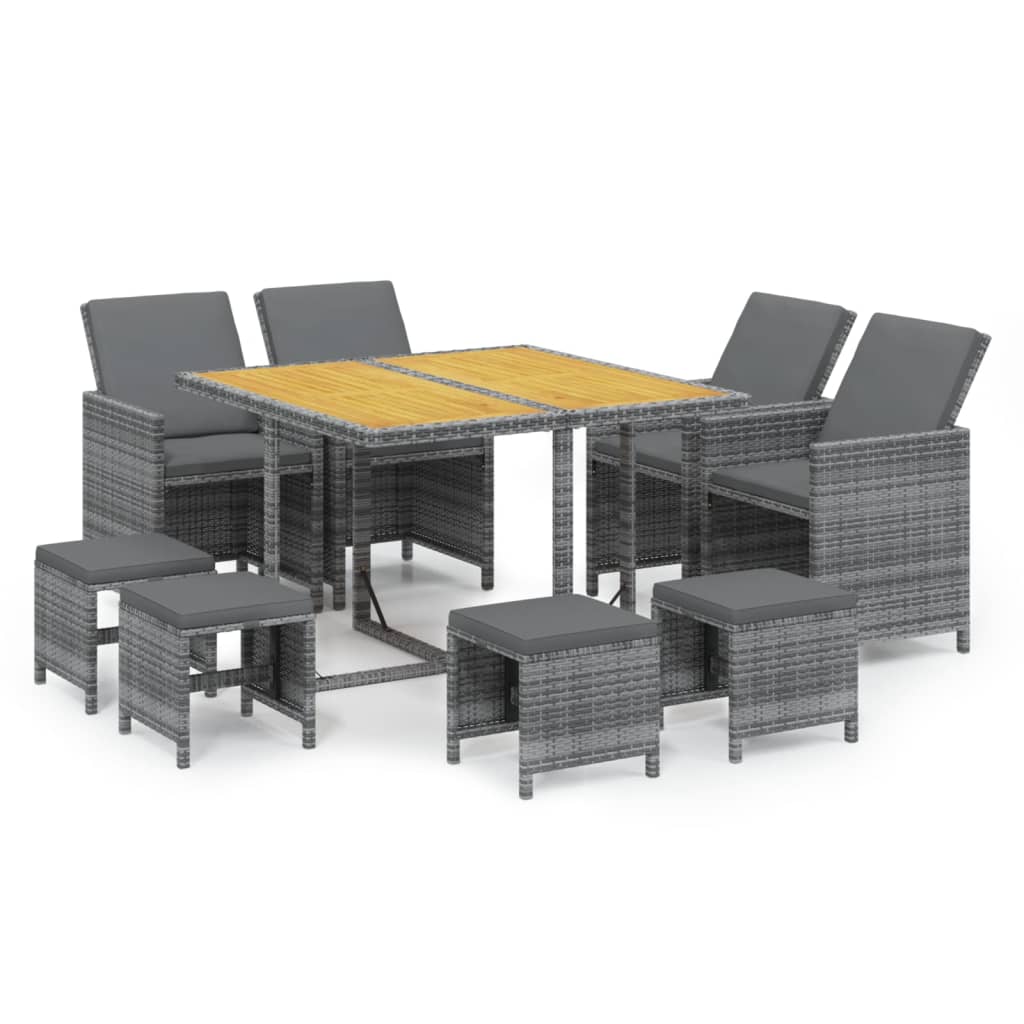 9-Delige Tuinset Met Kussens Poly Rattan Grijs Grijs en bruin 109 cm tafellengte 4x Fauteuil + 4x voetensteun + Tafel