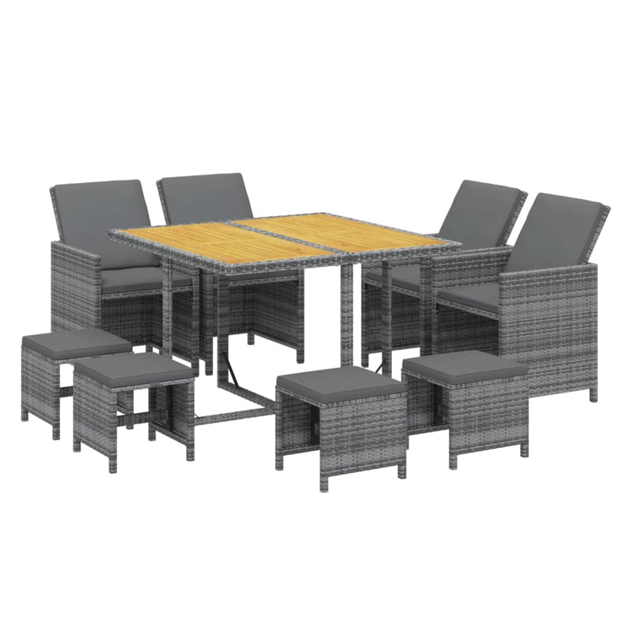 9-Delige Tuinset Met Kussens Poly Rattan Grijs Grijs en bruin 109 cm tafellengte 4x Fauteuil + 4x voetensteun + Tafel