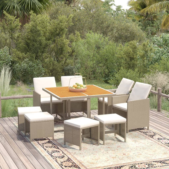 9-Delige Tuinset Met Kussens Poly Rattan Beige En Bruin 109 cm tafellengte 4x Fauteuil + 4x voetensteun + Tafel