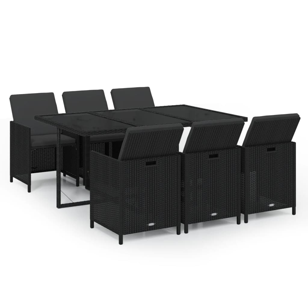 7-Delige Tuinset Met Kussens Poly Rattan Zwart 163 cm tafellengte
