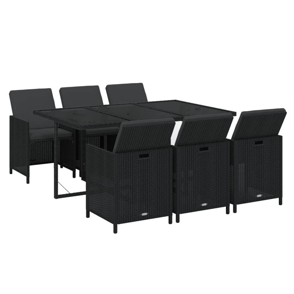 7-Delige Tuinset Met Kussens Poly Rattan Zwart 163 cm tafellengte