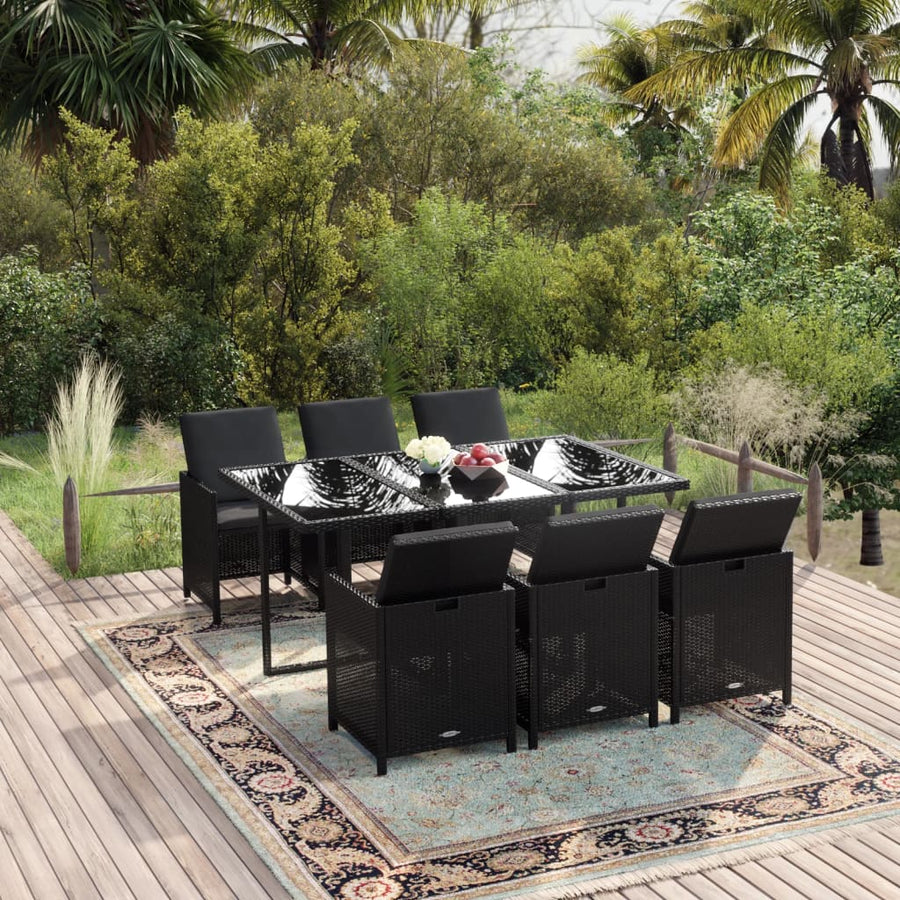 7-Delige Tuinset Met Kussens Poly Rattan Zwart 163 cm tafellengte