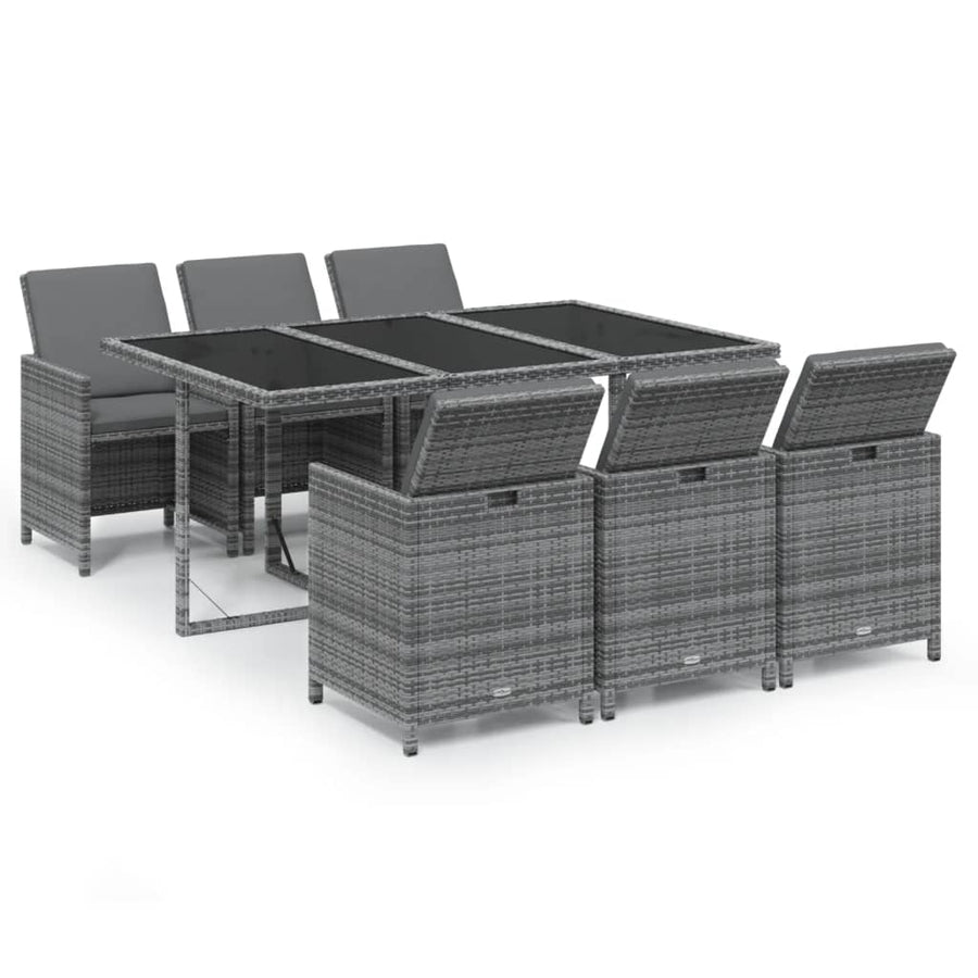 7-Delige Tuinset Met Kussens Poly Rattan Grijs 163 cm tafellengte 6x Fauteuil + Tafel