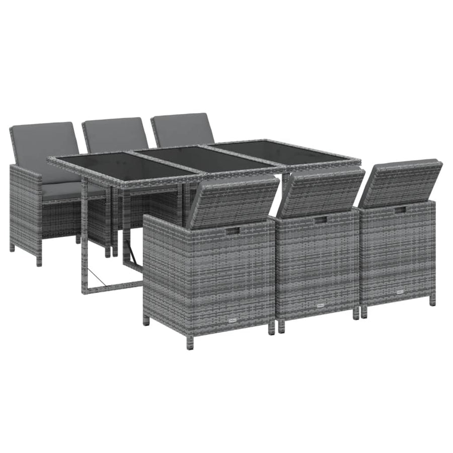 7-Delige Tuinset Met Kussens Poly Rattan Grijs 163 cm tafellengte 6x Fauteuil + Tafel