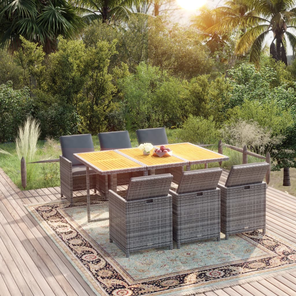 7-Delige Tuinset Met Kussens Poly Rattan Grijs Grijs en bruin 163 cm tafellengte 6x Fauteuil + Tafel