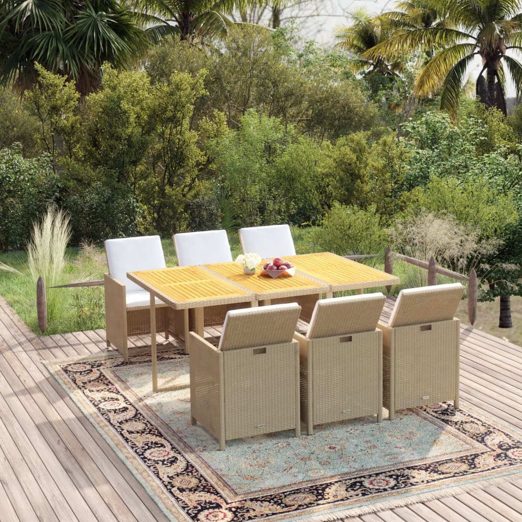 7-Delige Tuinset Met Kussens Poly Rattan Beige En Bruin 163 cm tafellengte 6x Fauteuil + Tafel