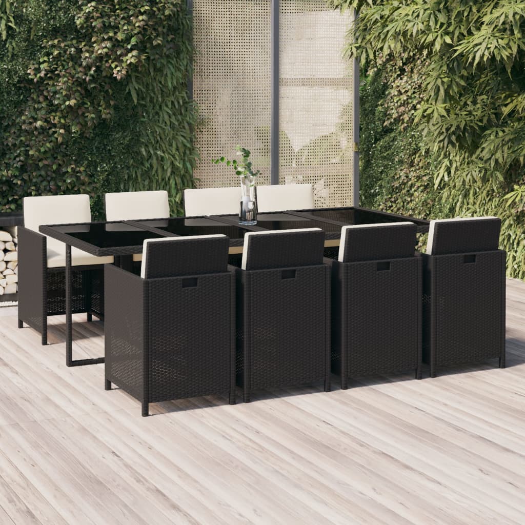 9-delige Tuinset met kussens poly rattan zwart