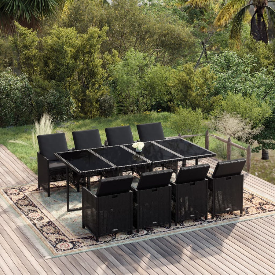 9-Delige Tuinset Met Kussens Poly Rattan Zwart 219 cm table length