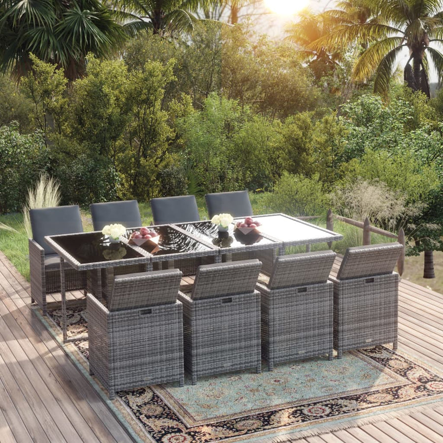 9-Delige Tuinset Met Kussens Poly Rattan Grijs 219 cm table length 8x Fauteuil + Tafel