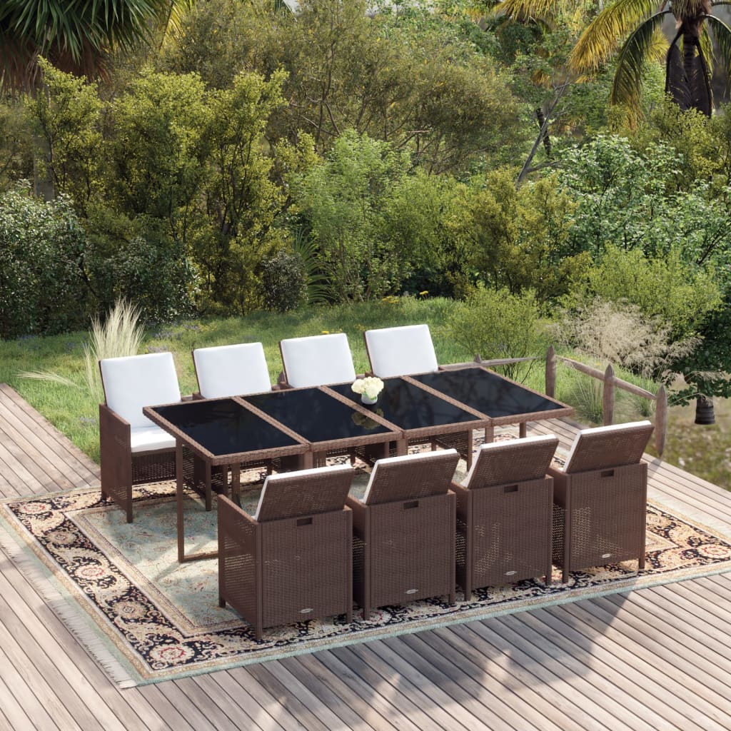 9-Delige Tuinset Met Kussens Poly Rattan Bruin 219 cm table length