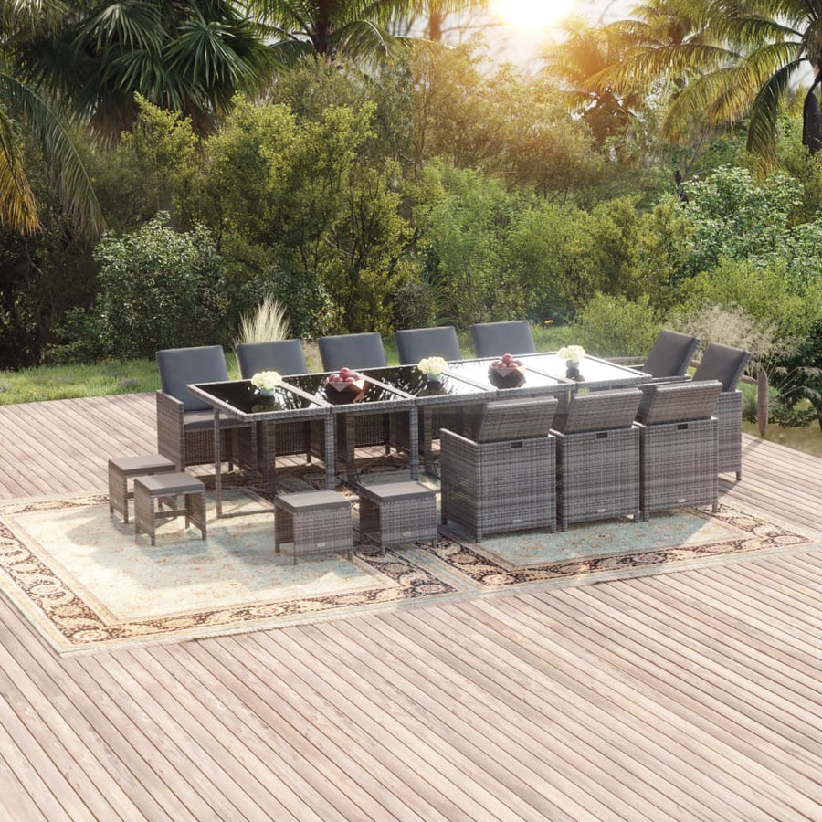 5-Delige Tuinset Met Kussens Poly Rattan Grijs 4x voetensteun + 10x Fauteuil + Tafel