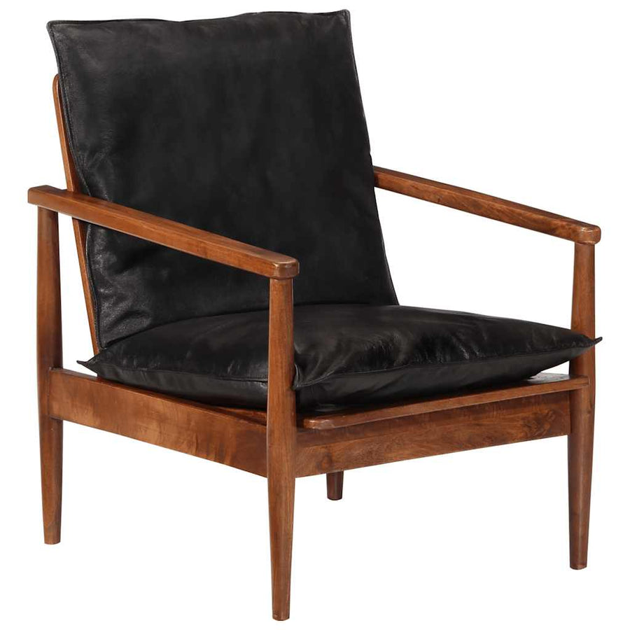 Fauteuil Echt Leer En Massief Acaciahout Zwart en bruin