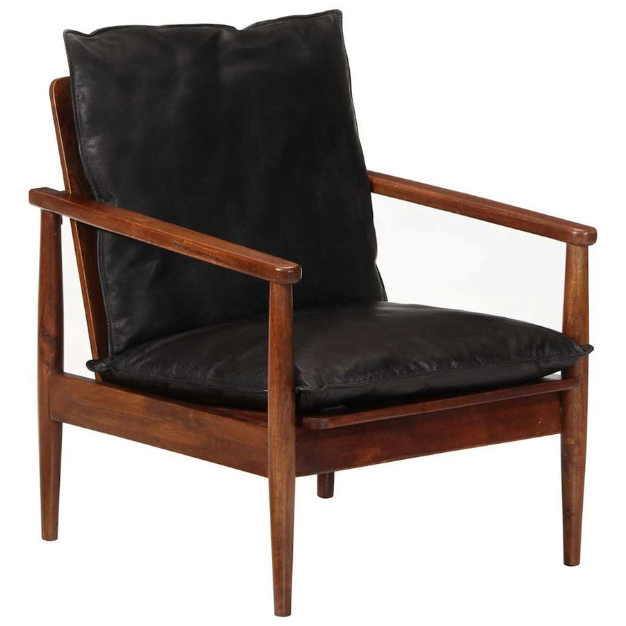 Fauteuil Echt Leer En Massief Acaciahout Zwart en bruin