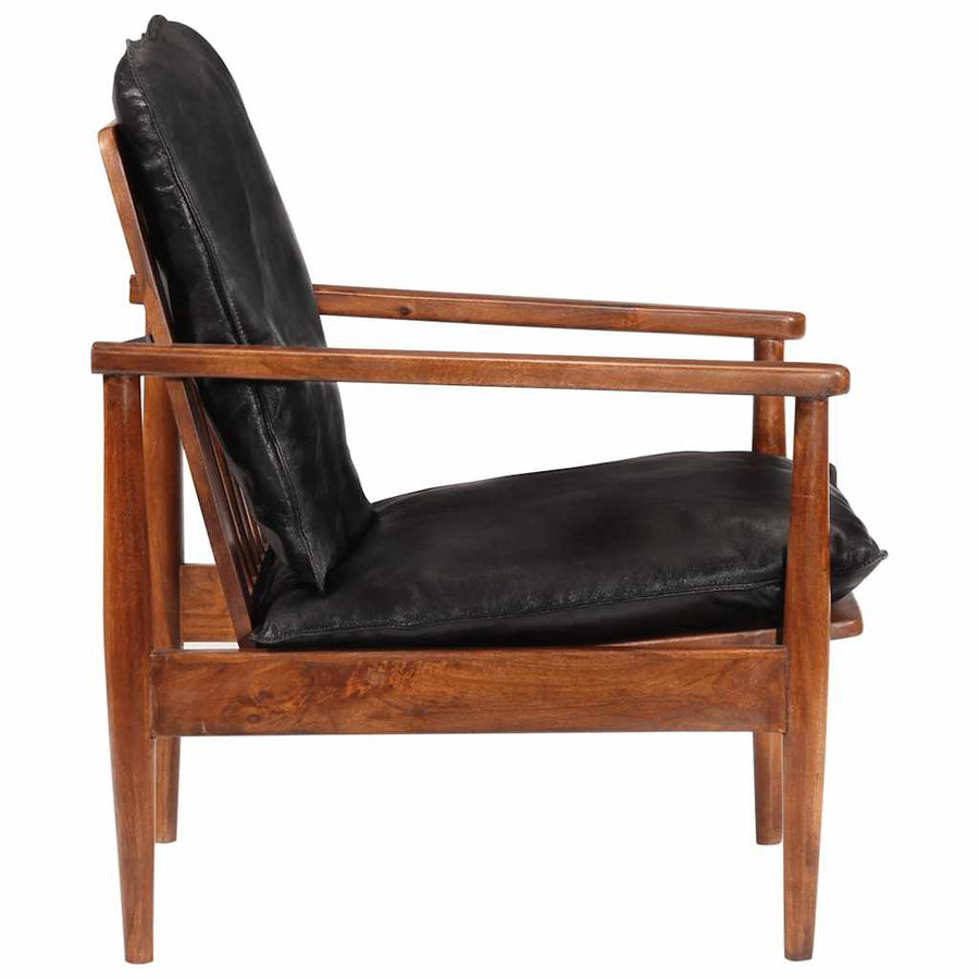 Fauteuil Echt Leer En Massief Acaciahout Zwart en bruin