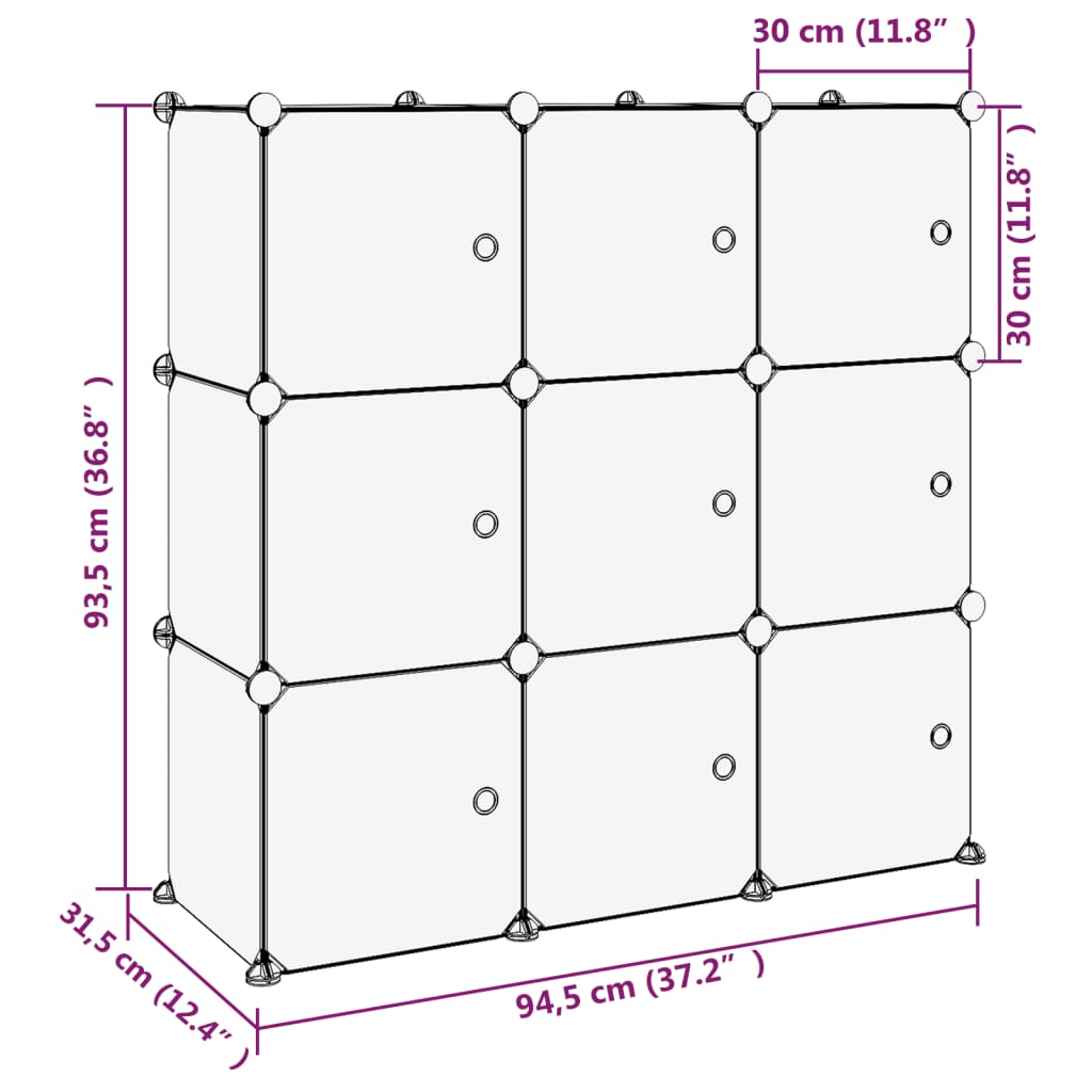 Opbergmeubel Met 9 Vakken En Deuren Polypropeen 94.5 x 31.5 x 93.5 cm Zwart en transparant