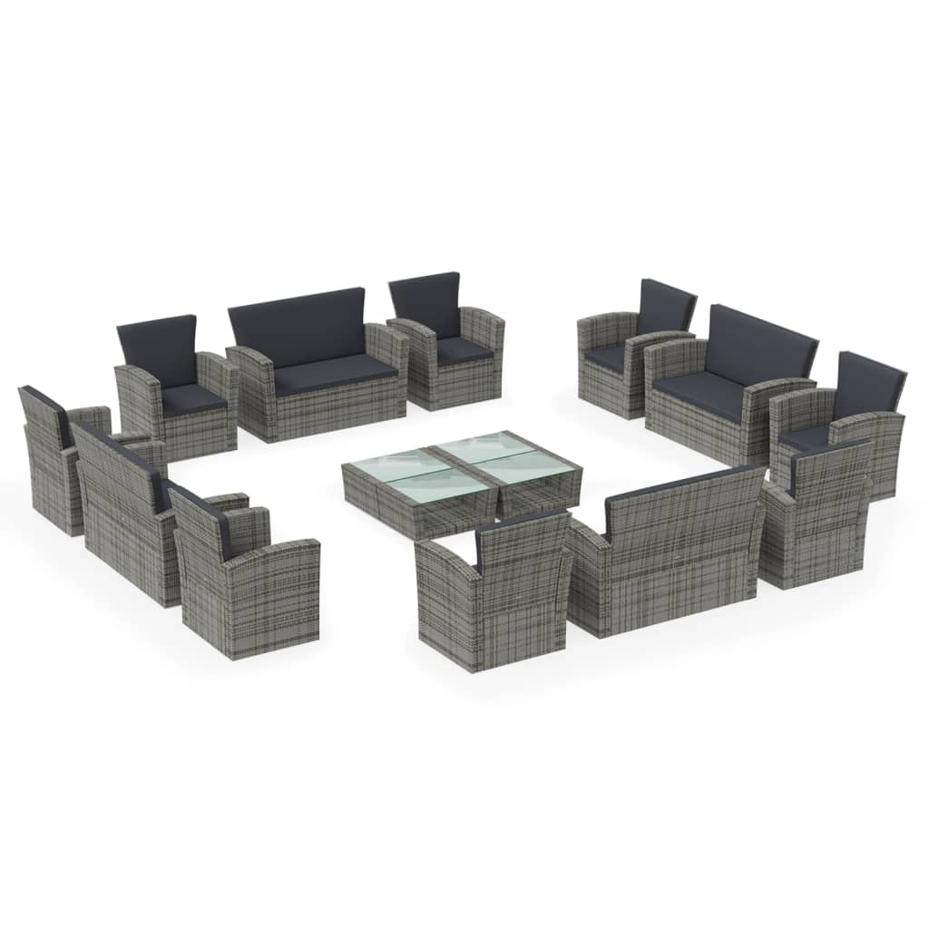 -Delige Loungeset Met Kussens Poly Rattan 16 Grijs