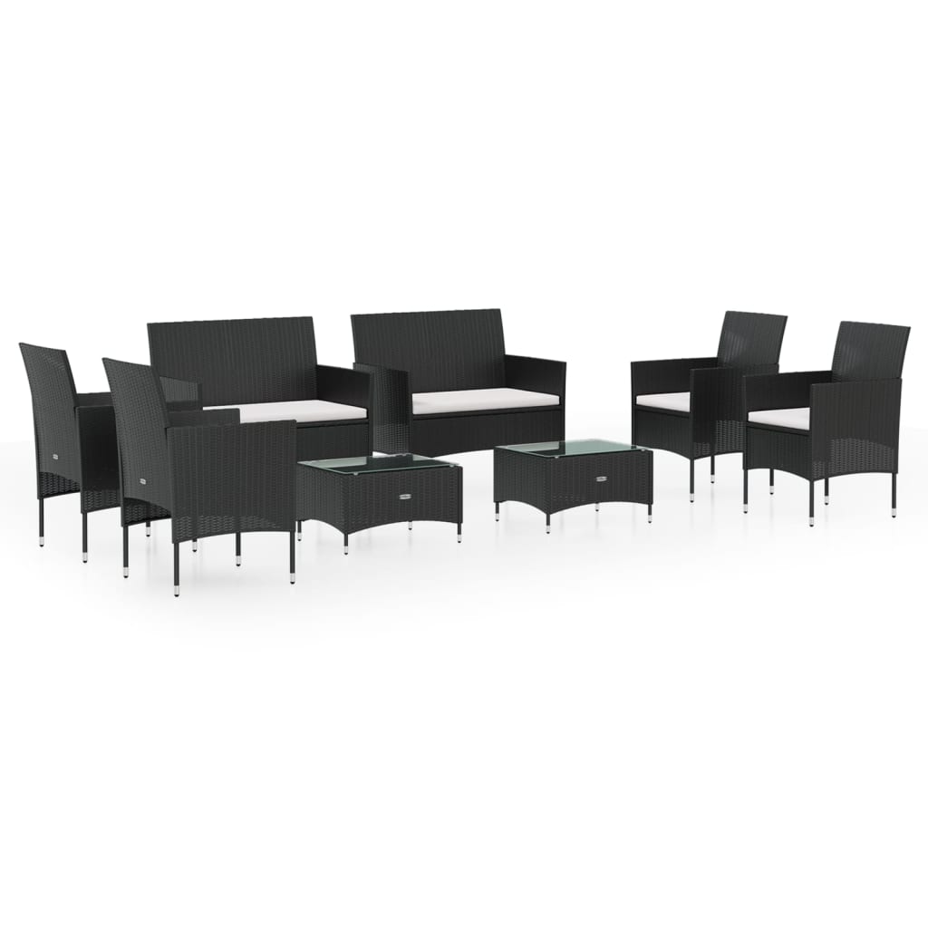 8-Delige Loungeset Met Kussens Poly Rattan Zwart Zwart en wit