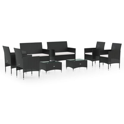 8-Delige Loungeset Met Kussens Poly Rattan Zwart Zwart en wit
