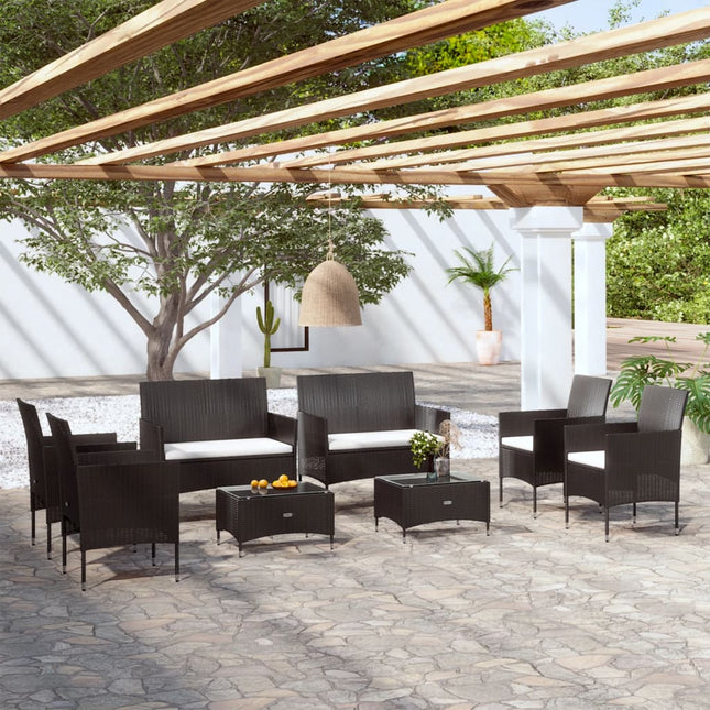 8-Delige Loungeset Met Kussens Poly Rattan Zwart Zwart en wit