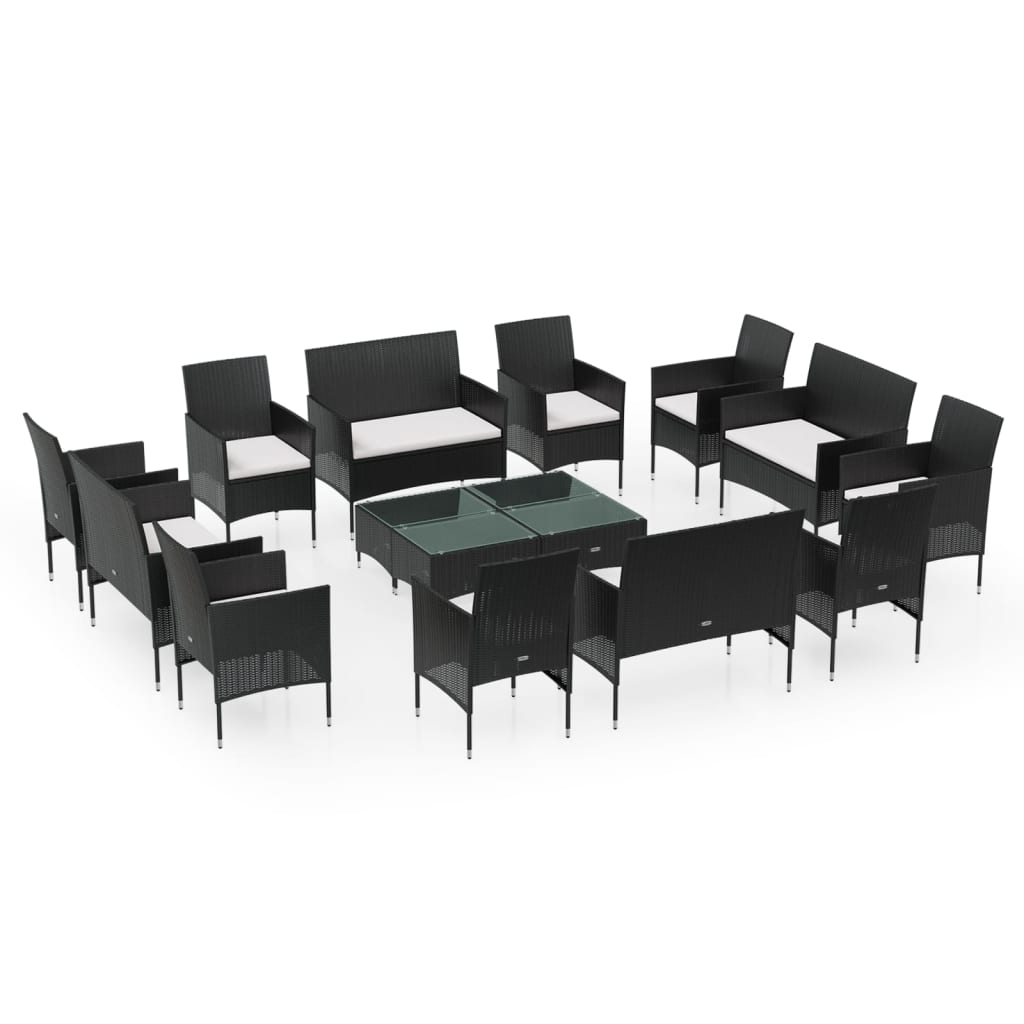 16-Delige Loungeset Met Kussens Poly Rattan Zwart Zwart en wit