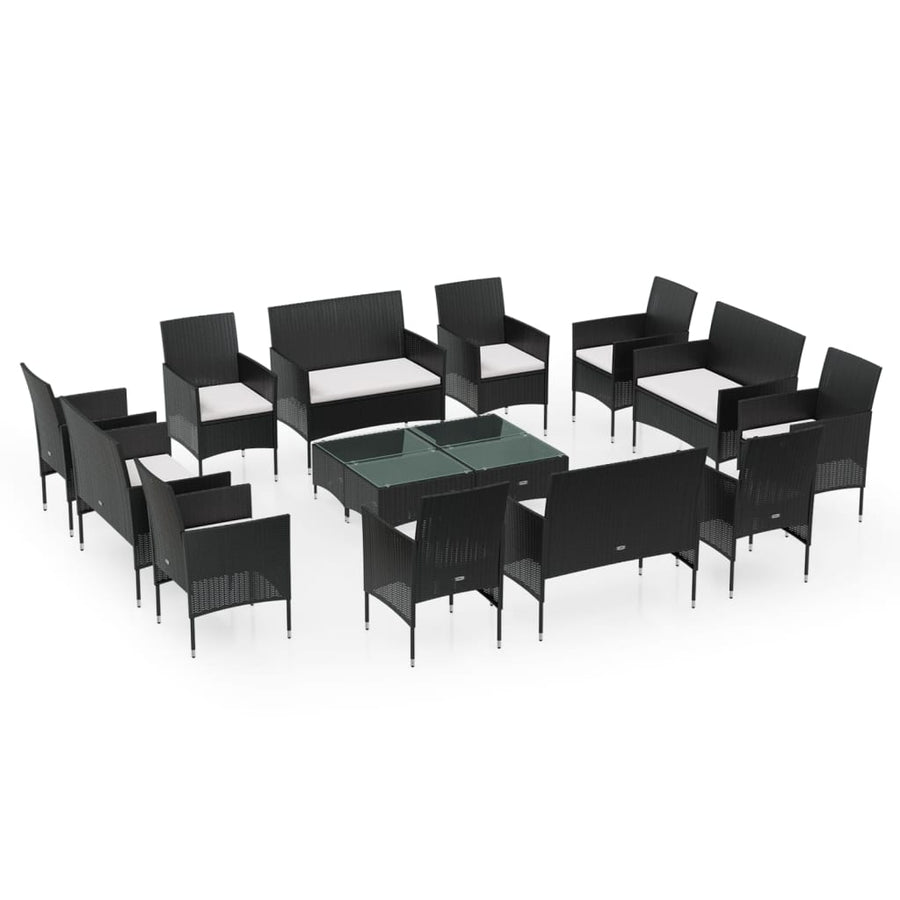 16-Delige Loungeset Met Kussens Poly Rattan Zwart Zwart en wit