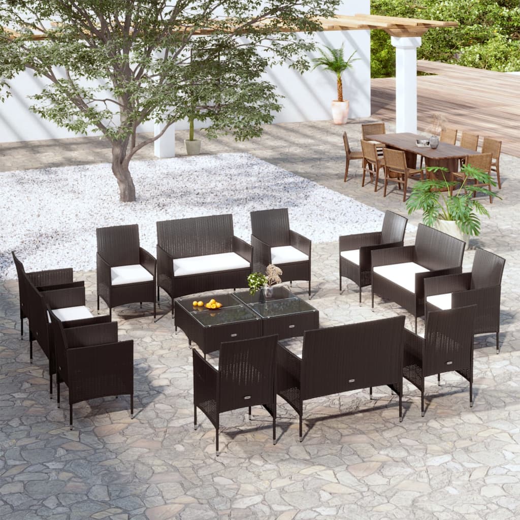 16-Delige Loungeset Met Kussens Poly Rattan Zwart Zwart en wit