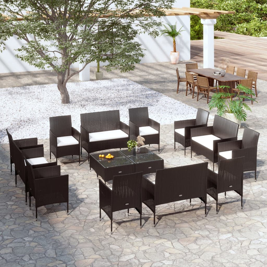 16-Delige Loungeset Met Kussens Poly Rattan Zwart Zwart en wit