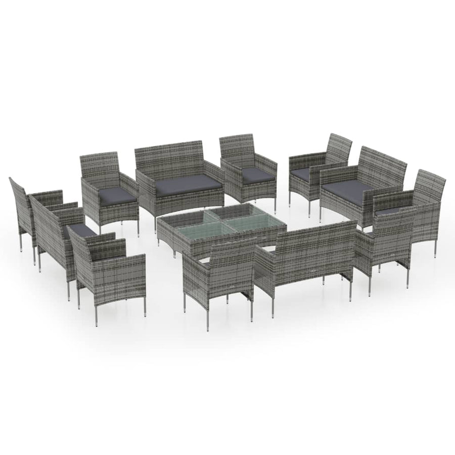 -Delige Loungeset Met Kussens Poly Rattan 16 Grijs