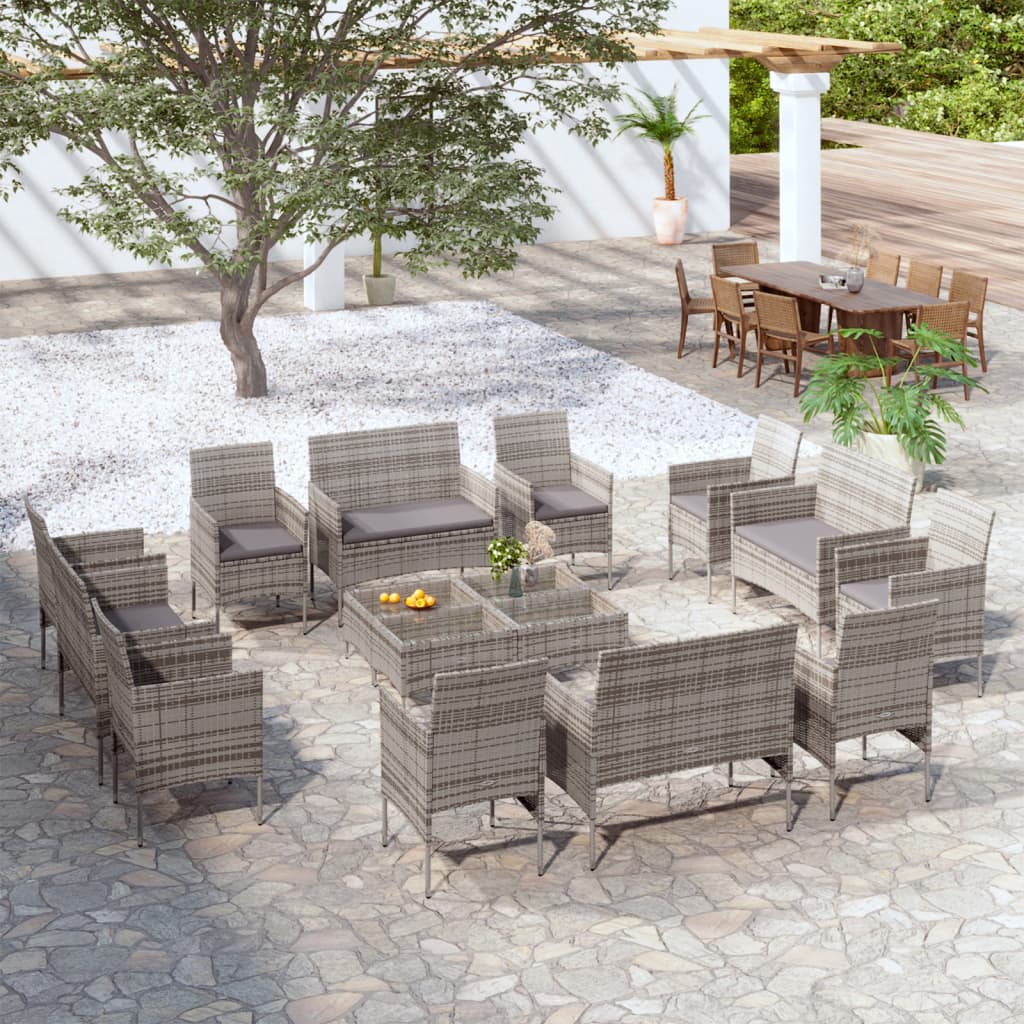 -Delige Loungeset Met Kussens Poly Rattan 16 Grijs